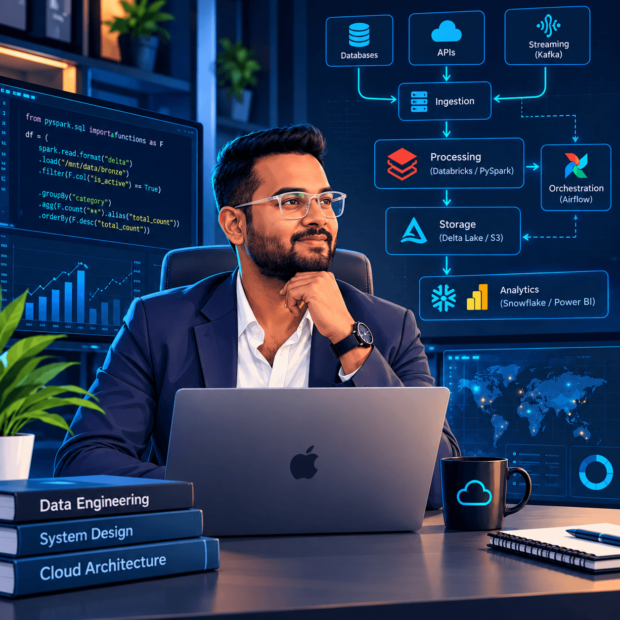 Illustration of a data engineer at a laptop, surrounded by cloud architecture, data pipelines and analytics.